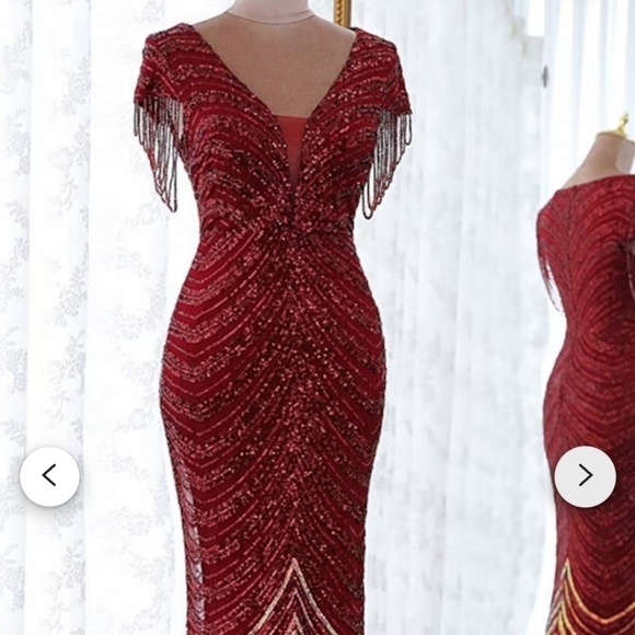 Burgundy Graphic Print, Contrast Sequined,  Draped Rhinestone, Mermaid G… - Picture 15 of 16